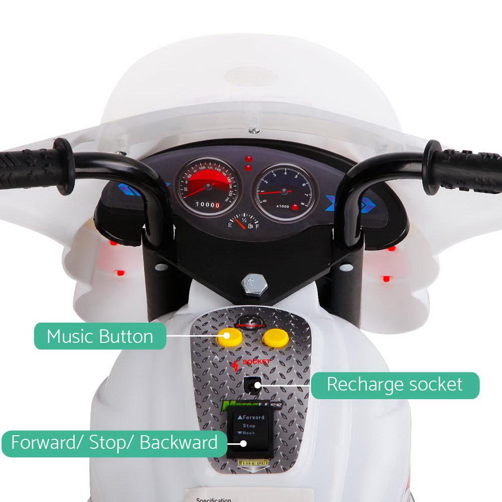 Rigo Kids Ride On Motorbike in white color, featuring anti-slip wheels and flashing lights, designed for children aged 3-8.